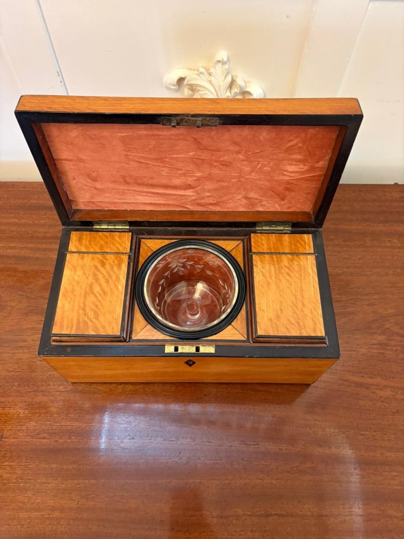 Antique Georgian Satinwood Tea Caddy Box with Original Glass Bowl and Mixing Stick - Image 3